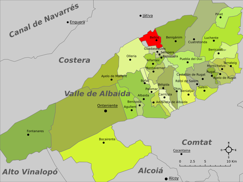 Mapa de la comarca del Valle de Albaida. Destacado en rojo se encuentra Bellús.